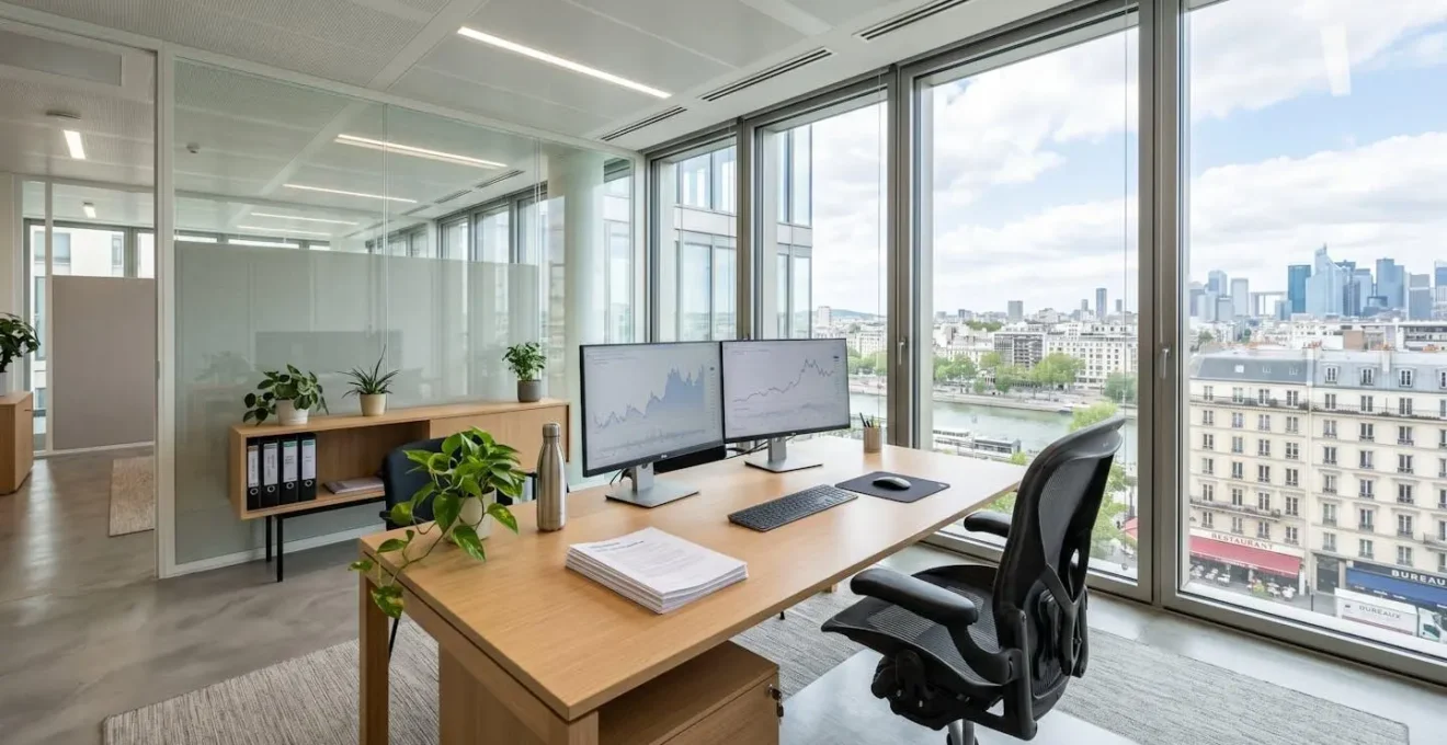 Bureau de direction financière moderne et épuré, avec un grand bureau en bois clair, une chaise ergonomique vide, de larges fenêtres laissant entrer une lumière naturelle abondante, ambiance professionnelle contemporaine