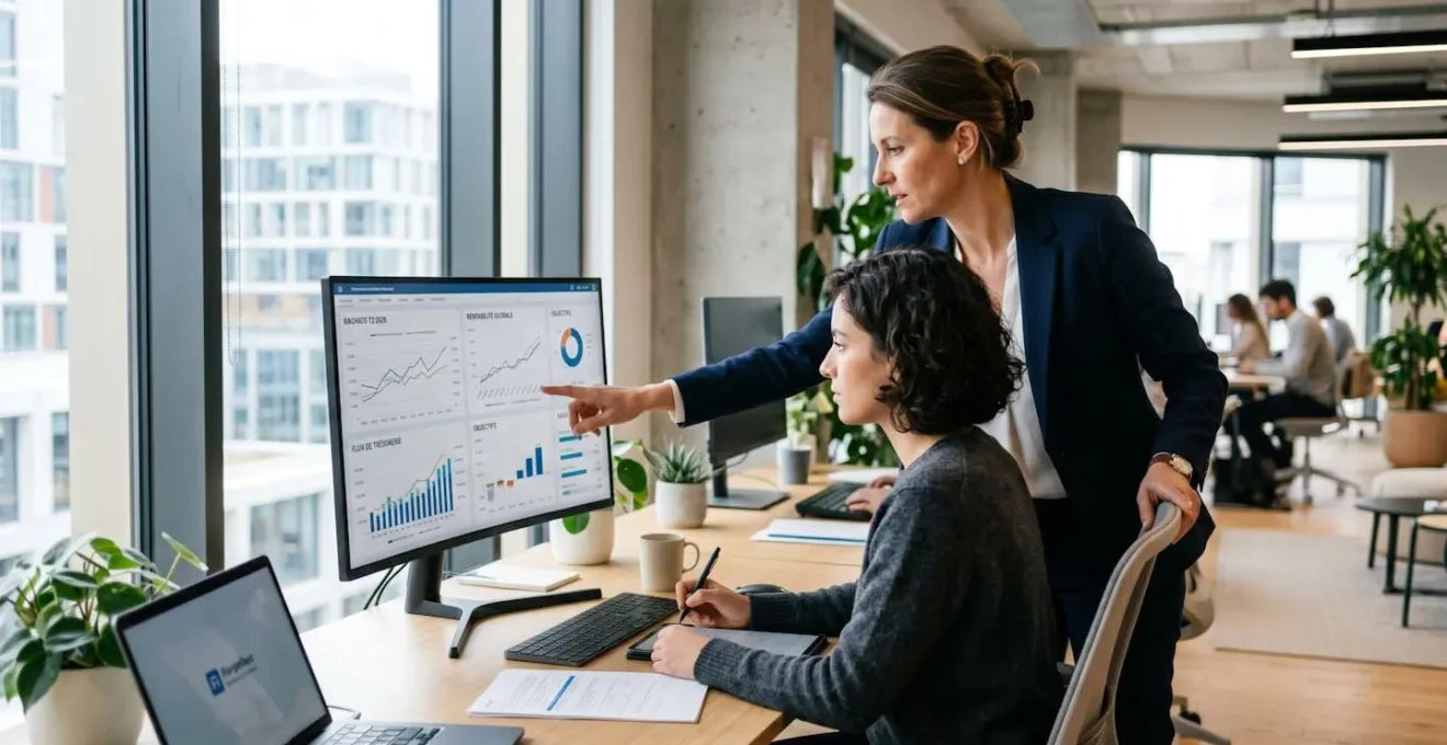 Une directrice administrative et financière debout à côté d'un collaborateur assis, tous deux de profil, analysent un tableau de bord financier sur écran dans un bureau moderne lumineux