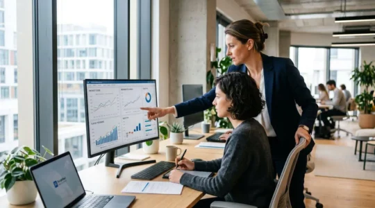 Une directrice administrative et financière debout à côté d'un collaborateur assis, tous deux de profil, analysent un tableau de bord financier sur écran dans un bureau moderne lumineux