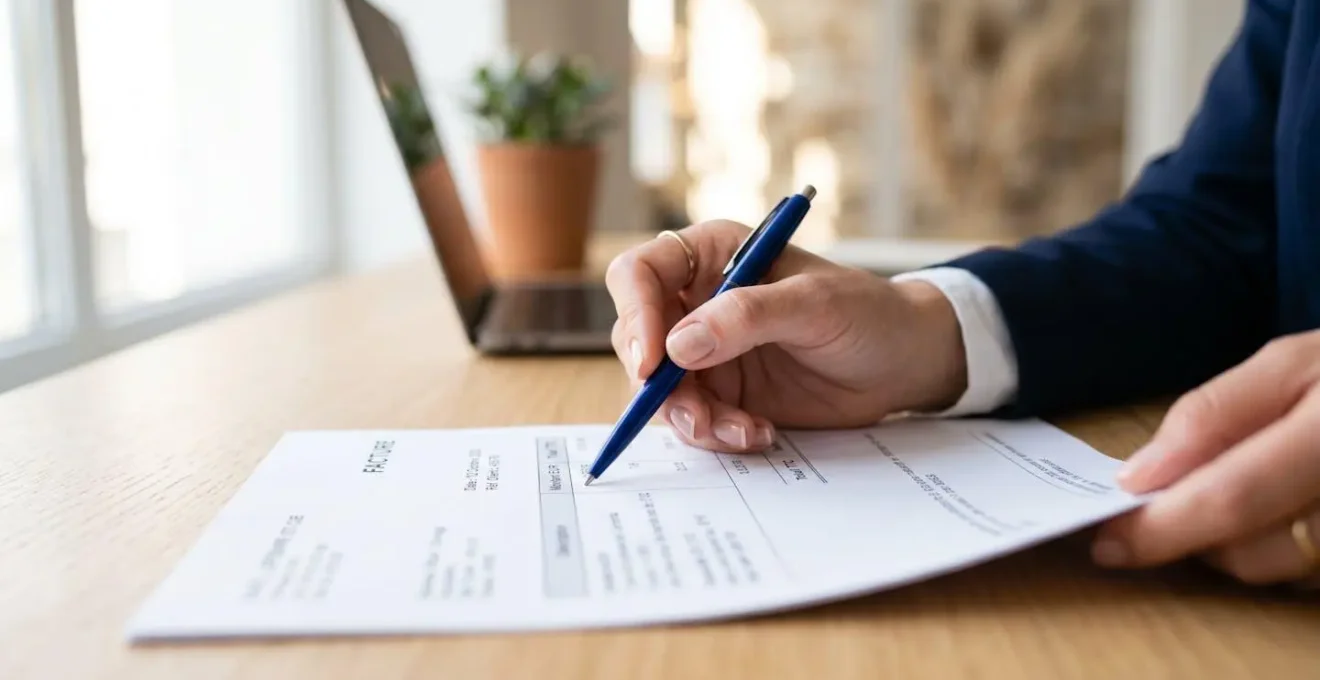 Gros plan sur des mains professionnelles féminines consultant un document juridique ou une facture, mise au point sélective sur les mains, arrière-plan flouté avec un bel effet bokeh, surface moderne et épurée